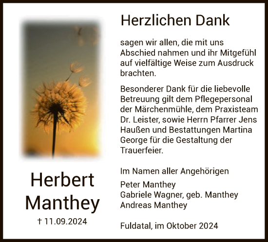 Todesanzeige von Herbert Manthey von HNA