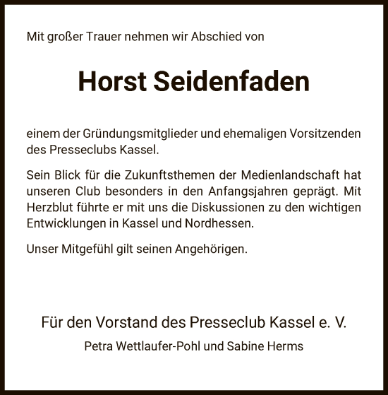 Todesanzeige von Horst Seidenfaden von HNA