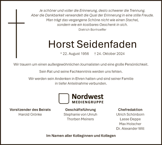 Todesanzeige von Horst Seidenfaden von HNA