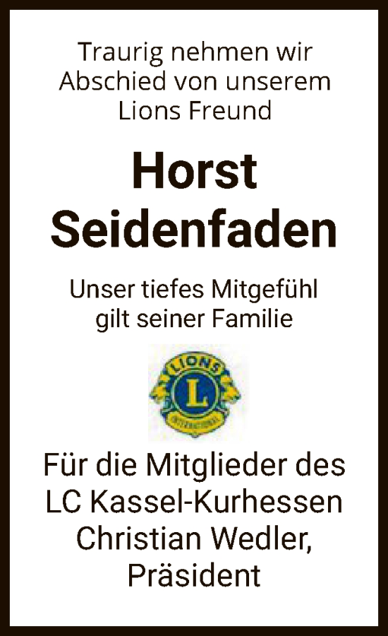 Todesanzeige von Horst Seidenfaden von HNA