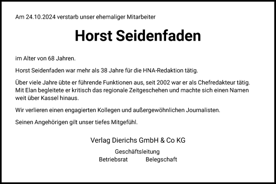 Todesanzeige von Horst Seidenfaden von HNA