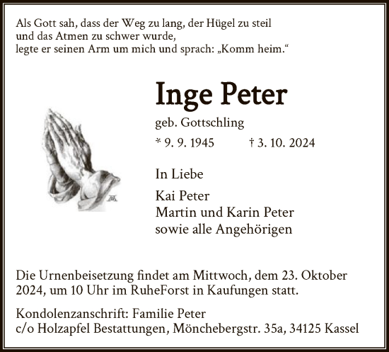 Todesanzeige von Inge Peter von HNA