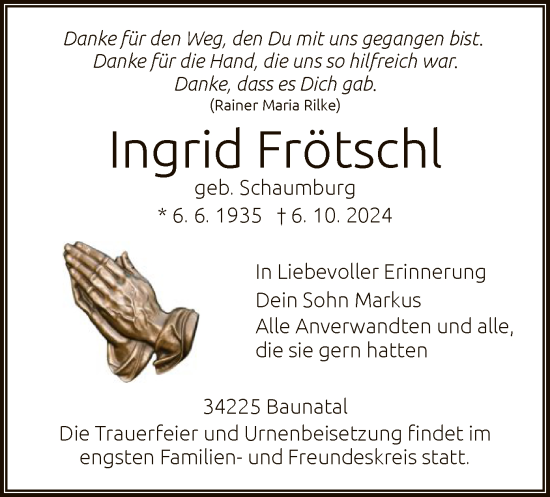 Todesanzeige von Ingrid Frötschl von HNA