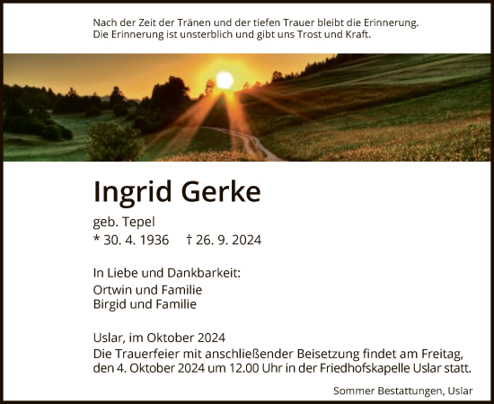 Todesanzeige von Ingrid Gerke von HNA