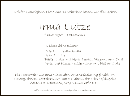 Todesanzeige von Irma Lutze von HNA