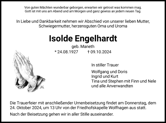 Todesanzeige von Isolde Engelhardt von HNA