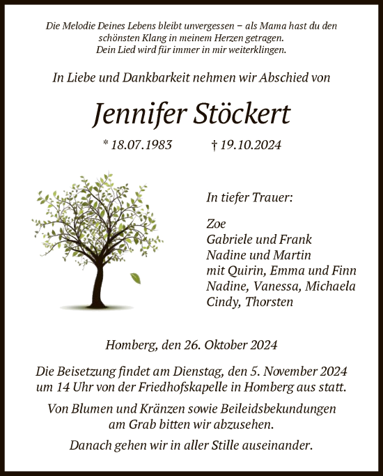 Todesanzeige von Jennifer Stöckert von HNA