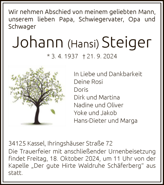 Todesanzeige von Johann Steiger von HNA