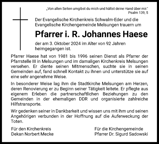 Todesanzeige von Johannes Haese von HNA