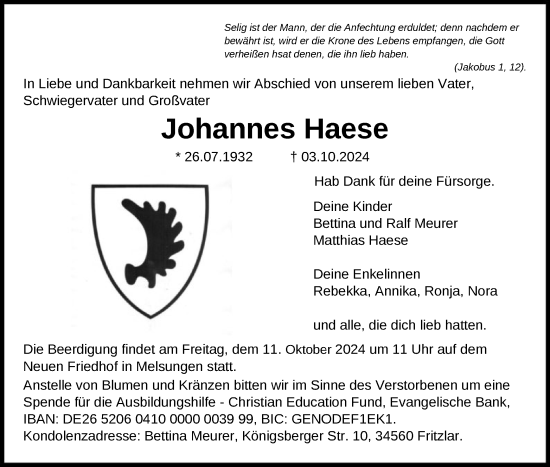 Todesanzeige von Johannes Haese von HNAHNA