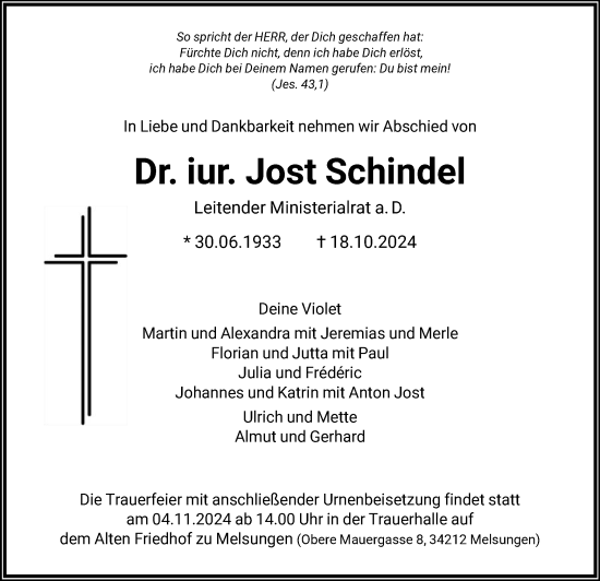 Todesanzeige von Jost Schindel von HNA