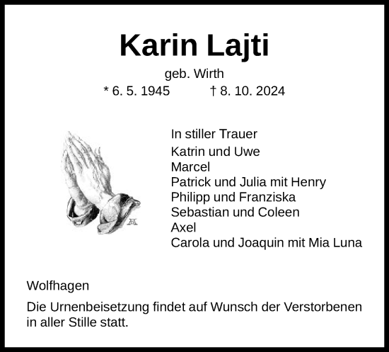 Todesanzeige von Karin Lajti von HNA