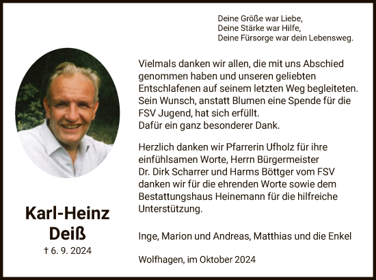 Todesanzeige von Karl-Heinz Deiß von HNA