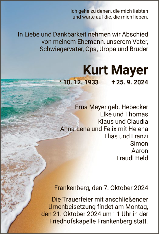 Todesanzeige von Kurt Mayer von HNAWLZ