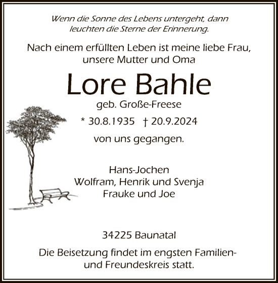 Todesanzeige von Lore Bahle von HNA