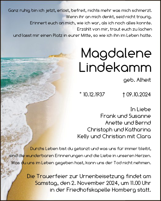 Todesanzeige von Magdalene Lindekamm von HNA