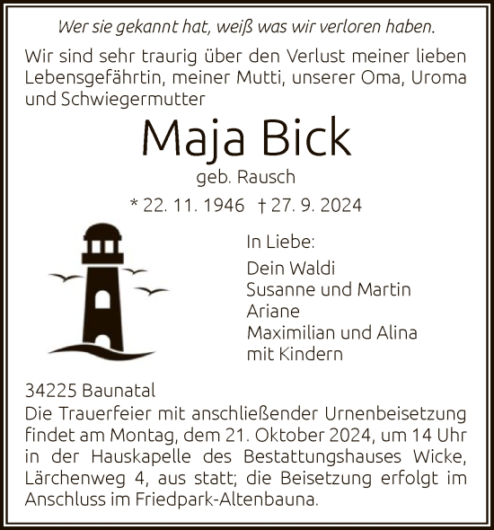 Todesanzeige von Maja Bick von HNA