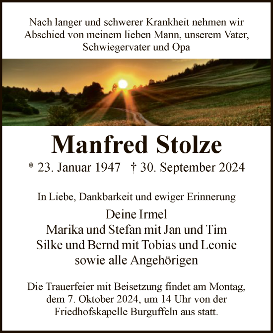 Todesanzeige von Manfred Stolze von HNA