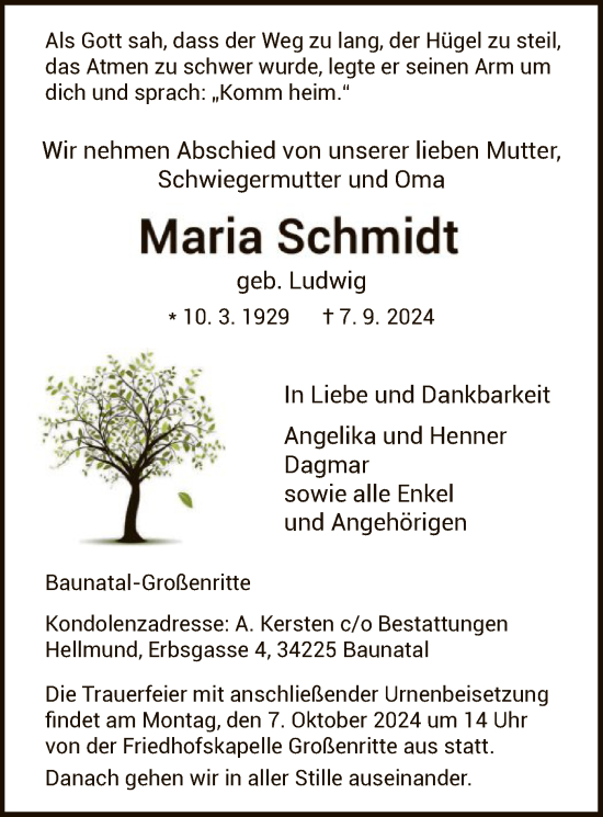 Todesanzeige von Maria Schmidt von HNA