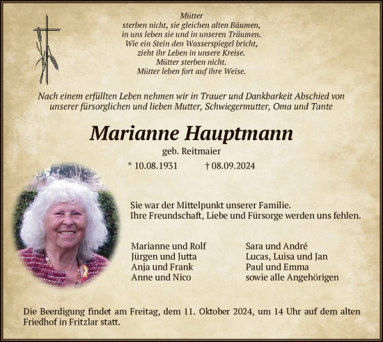 Todesanzeige von Marianne Hauptmann von HNA