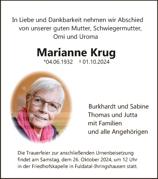 Todesanzeige von Marianne Krug von HNA