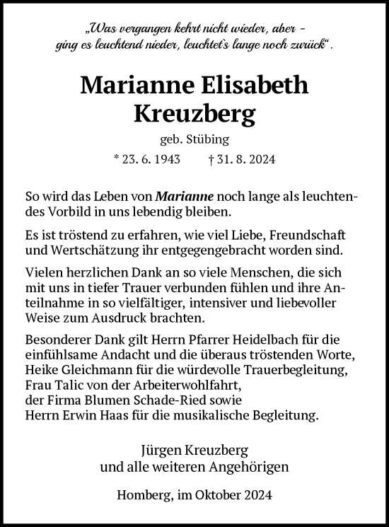 Todesanzeige von Marianne Elisabeth Kreuzberg von HNA