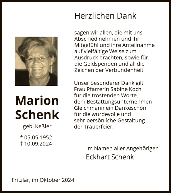 Todesanzeige von Marion Schenk von HNA