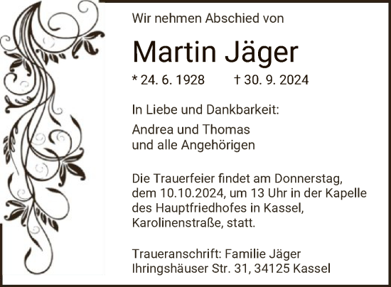 Todesanzeige von Martin Jäger von HNA