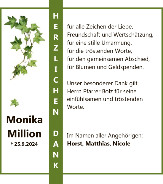 Todesanzeige von Monika Million von HNA