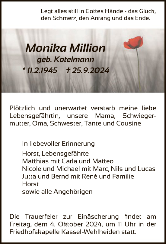 Todesanzeige von Monika Million von HNA