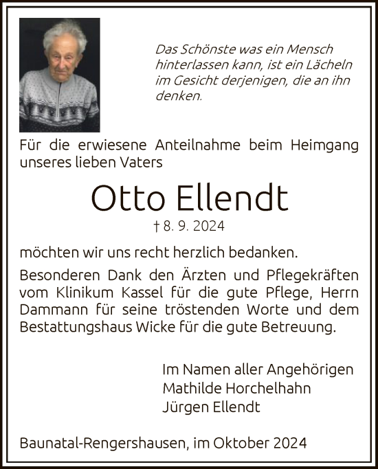 Todesanzeige von Otto Ellendt von HNA