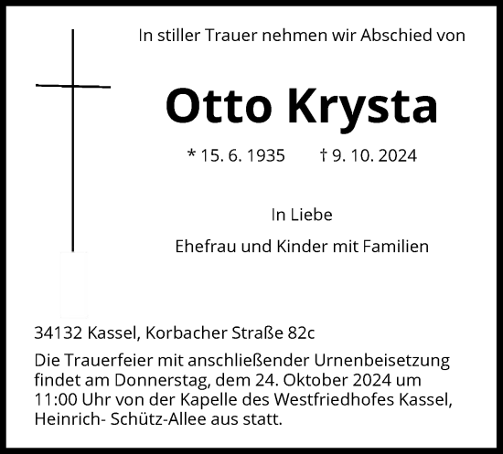 Todesanzeige von Otto Krysta von HNA