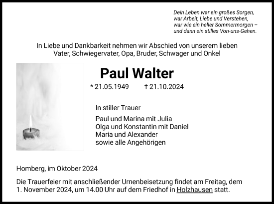 Todesanzeige von Paul Walter von HNA