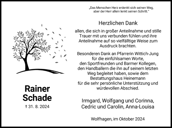 Todesanzeige von Rainer Schade von HNA