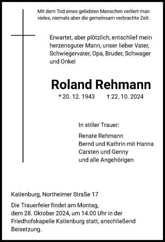 Todesanzeige von Roland Rehmann von HNA