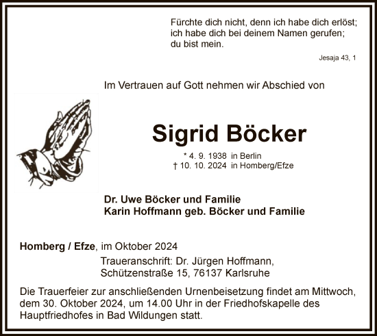 Todesanzeige von Sigrid Böcker von HNA