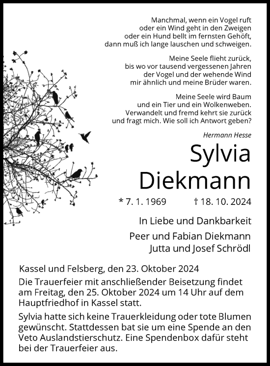 Todesanzeige von Sylvia Diekmann von HNAHNA