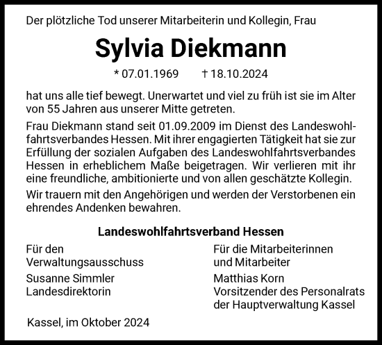 Todesanzeige von Sylvia Diekmann von HNA