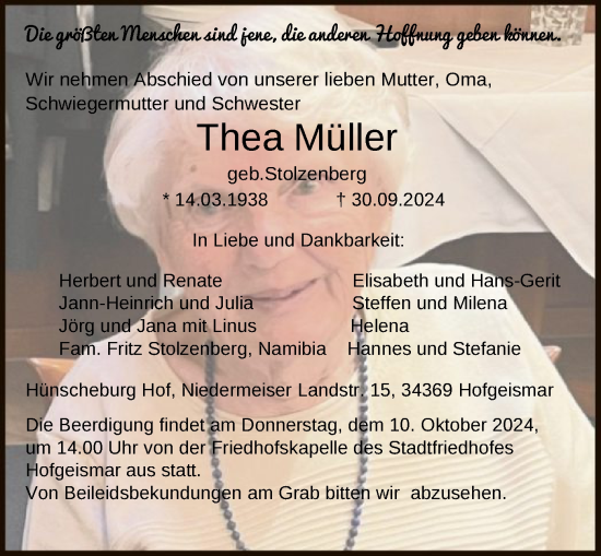 Todesanzeige von Thea Müller von HNA