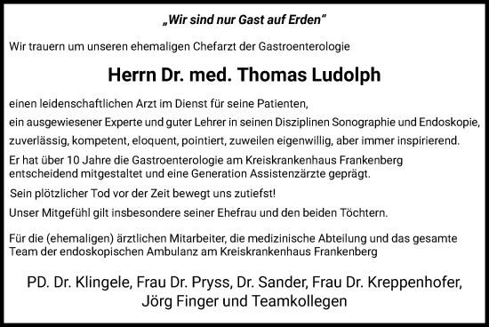 Todesanzeige von Thomas Ludolph von HNA