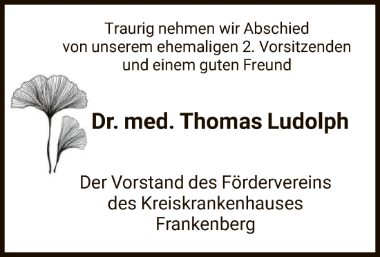 Todesanzeige von Thomas Ludolph von HNA