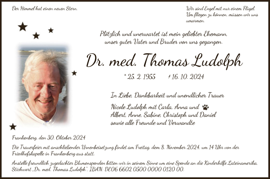 Todesanzeige von Thomas Ludolph von HNA