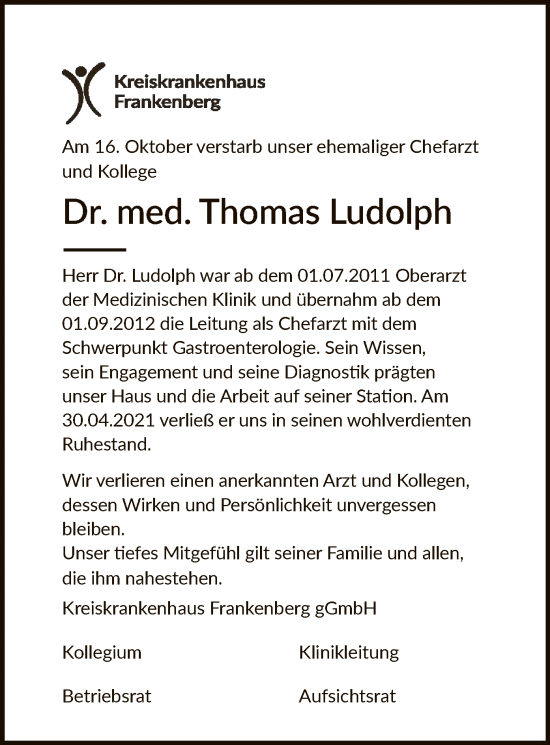 Todesanzeige von Thomas Ludolph von HNA