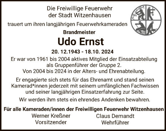 Todesanzeige von Udo Ernst von HNA