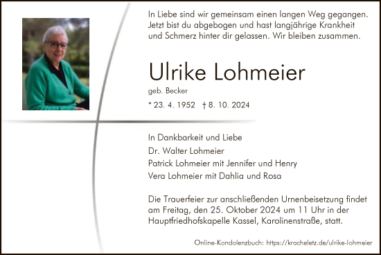 Todesanzeige von Ulrike Lohmeier von HNA