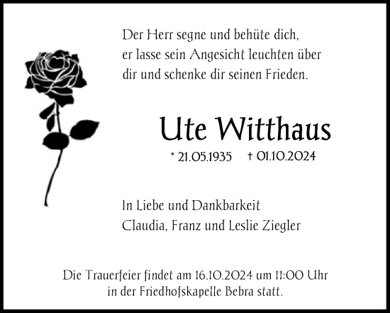 Todesanzeige von Ute Witthaus von HNA