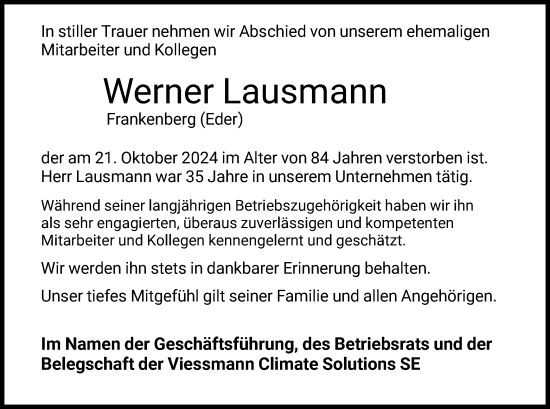 Todesanzeige von Werner Lausmann von HNA