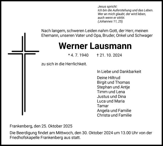 Todesanzeige von Werner Lausmann von HNA