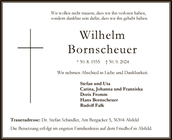 Todesanzeige von Wilhelm Bornscheuer von HNA