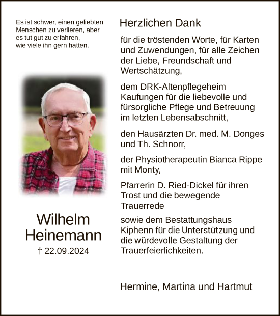 Todesanzeige von Wilhelm Heinemann von HNA